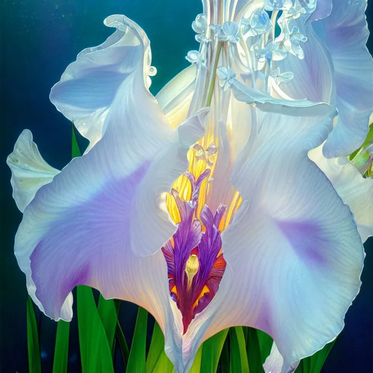 Prompt: detailed giant white holographic orchid iris hybrid flower, lsd water, lsd ripples, droplets, backlit, sunset, refracted lighting, art by collier, albert aublet, krenz cushart, artem demura, alphonse mucha