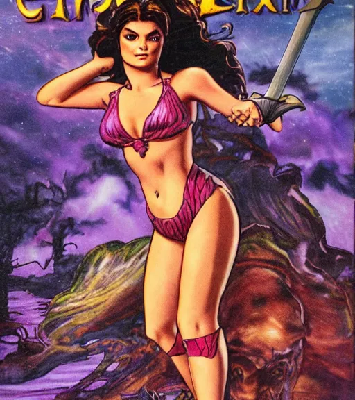 Prompt: 1 9 8 0 s fantasy novel book cover, amazonian ariel winter in extremely tight bikini armor wielding a cartoonishly large sword, exaggerated body features, dark and smoky background, low quality print