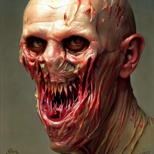 Prompt: a portrait of vladimir solovyov, flesh eating worms, macabre, horror saw teeth, horror rotten teeth, peeling face skin, by donato giancola and greg rutkowski and wayne barlow and zdzisław beksinski, realistic face, visible face, digital art, artstation, symmetry