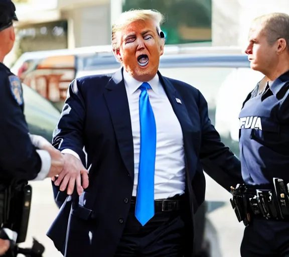 Image similar to Candid photo of Donald Trump being arrested by three FBI agents, Reuters, AP Press photo, long lens, sony a7s camera, 4K