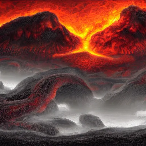 Image similar to wide landscape in hell, river styx, lava, ruins, fortresses, dark, hellscape, digital art