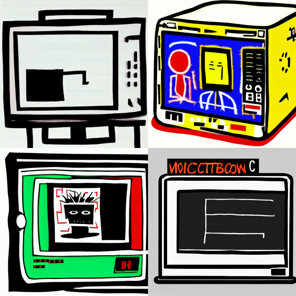 Prompt: an old crt desktop macintosh monitor turned diagonally, side view, clipart icon, jean michel basquiat, minimal