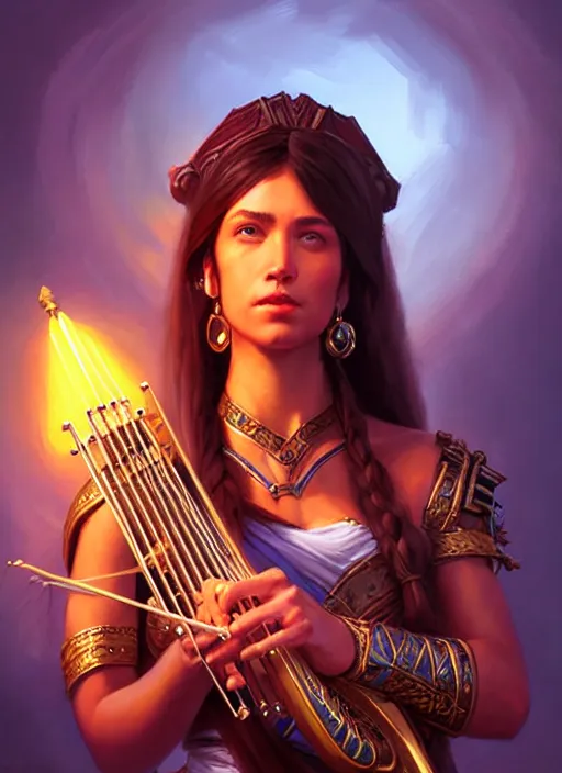 Prompt: a _ fantasy _ style _ portrait _ painting _ of islander female charismatic bard playing instrument, rpg dnd oil _ painting _ unreal _ 5 _ daz. _ rpg _ portrait _ extremely _ detailed _ artgerm _ greg _ rutkowski _ greg