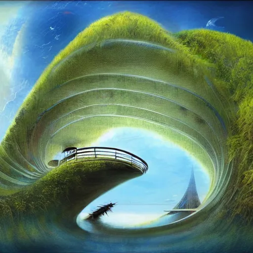 Image similar to beautiful portrait of bamboo living pods shaped like a sea shell built on the side of a cliff, the time machine, sky shuttle, spaceship by john berkey, panoramic view, ssci - fi, futuristic valley, rendered in octane, rendered in cinema 4 d, art by artgerm, artwork by peter gric and brian froud and esao andrews and david hardy