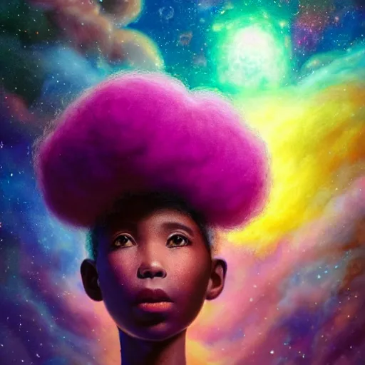 Prompt: a black girl with big beautiful eyes and a colorful afro sitting on a nebula cloud throne, bright colors, synthwave, watercolor, volumetric wool felting, felt, macro photography, children illustration, global illumination, radiant light, detailed and intricate environment, by goro fujita, bokeh!!!!