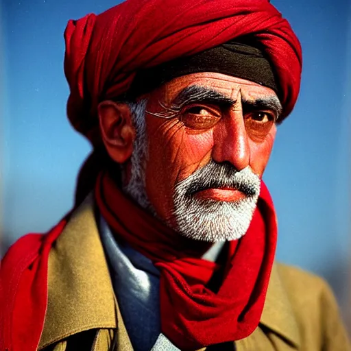 Image similar to portrait of president woodrow wilson as afghan man, green eyes and red scarf looking intently, photograph by steve mccurry