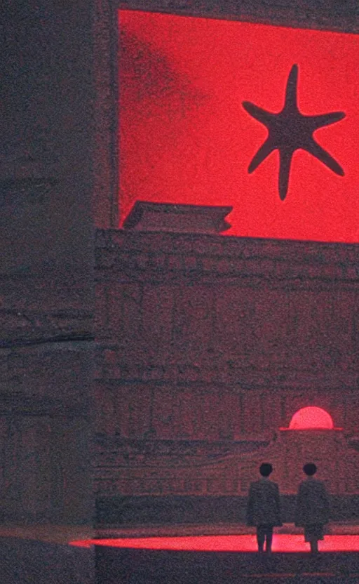 Image similar to light coming out of one starfish - like kaiju anthropomorphic monster, korean film noir by kim jong - il, korean traditional palace, pyongyang city, 1 9 6 0 s, red color bleed, 4 k, video compression, video glitch, monochrome, akira kurosawa, mamoru oshii, wes anderson, stanley kubrick