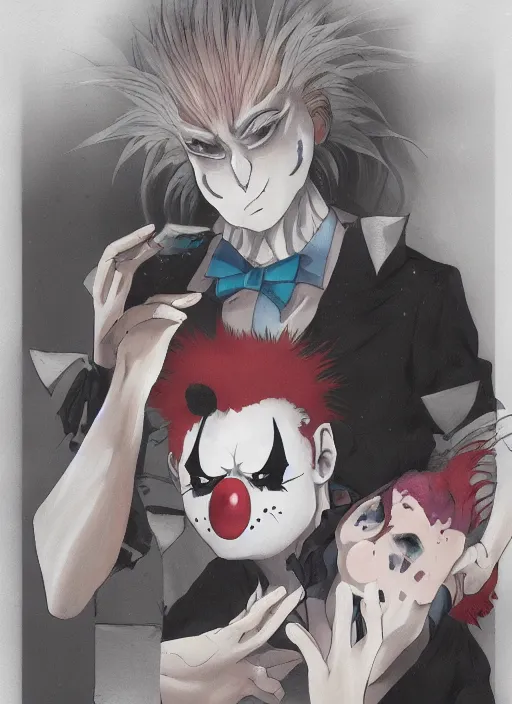 Prompt: portrait of the clown removing his makeup, anime fantasy illustration by tomoyuki yamasaki, kyoto studio, madhouse, ufotable, trending on artstation