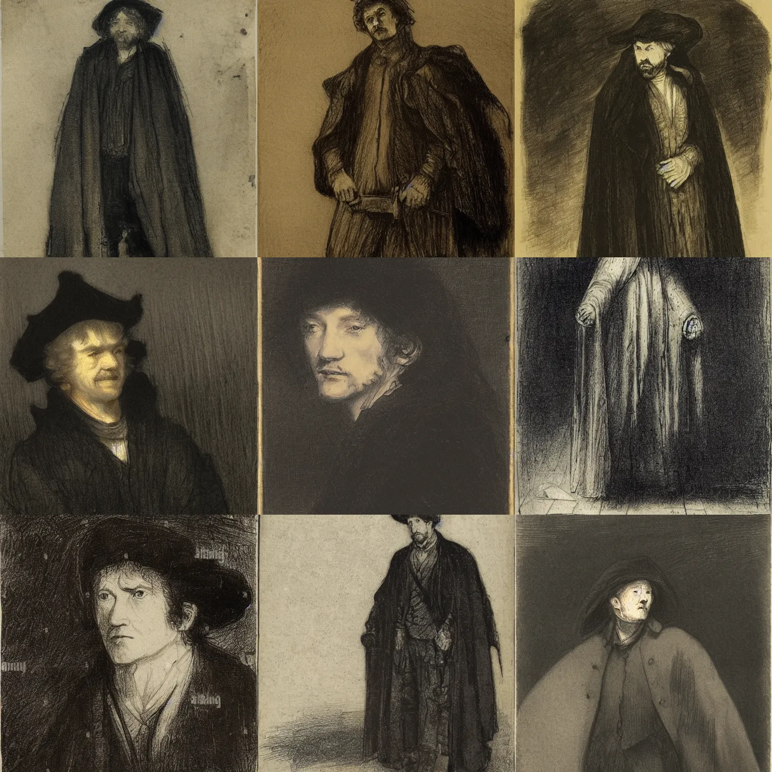 Prompt: a pale, melancholic Lee Evans in his 30s as 19th century wanderer, dressed in a worn, black traveling cloak. heavy raining, thunder storm, blue tones, darkness, highly detailed, realistic, drawing by Rembrandt and Goya