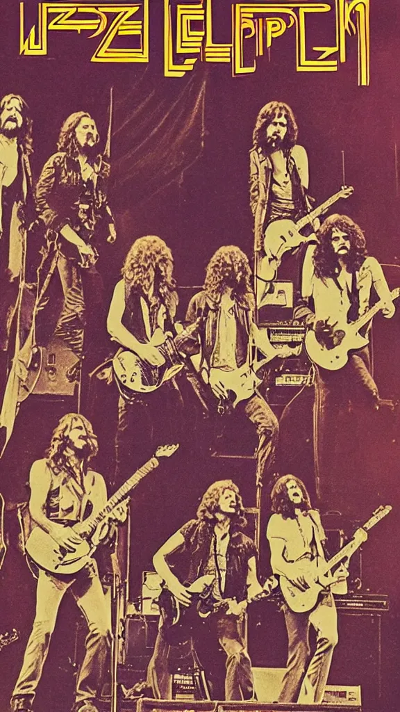 Image similar to Led Zeppelin concert poster circa 1971, LA forum, colorized, highly detailed