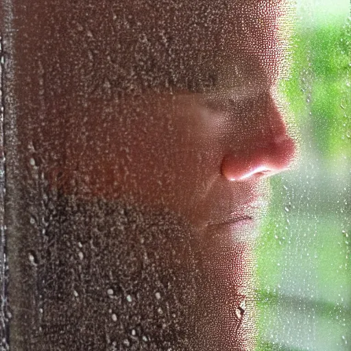 Prompt: diffuse portrait of person's face reflected in a window facing out on a rainy evening.