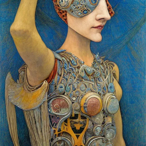 Prompt: the robot queen with her bird mask, by annie swynnerton and diego rivera and elihu vedder and jean delville, symbolist, dramatic lighting, elaborate geometric ornament, head and shoulders view, art brut, soft cool colors, smooth, sharp focus, extremely detailed, adolf wolfli, leo and diane dillon