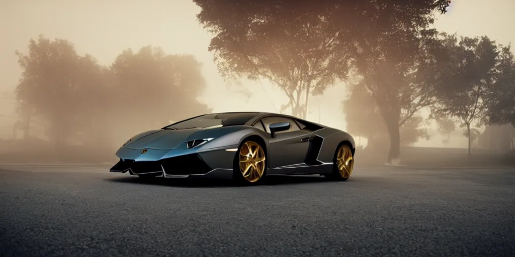 Prompt: parked lamborghini sian, fog, volumetric lighting, beautiful, golden hour, golden ratio, sharp focus, highly detailed, cgsociety