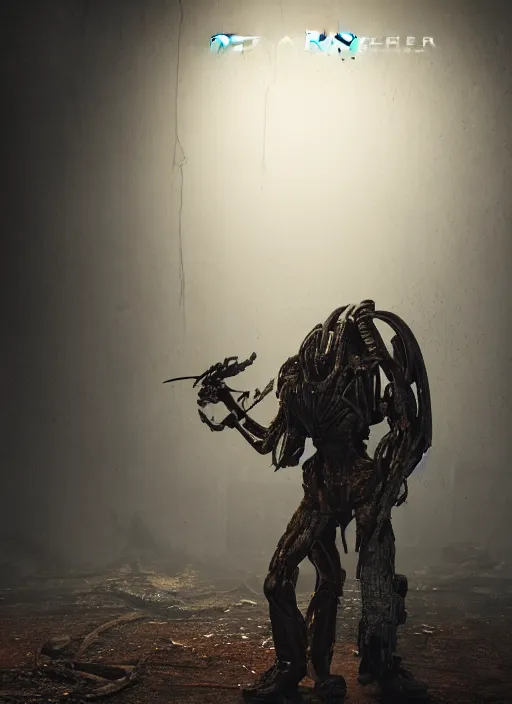 Prompt: a photorealistic dramatic hyperrealistic render of predator the alien hunter, ultra realistic details, well worn, rust, oil stains designed by vitaly bulgarov and mike nash, beautiful dramatic dark moody tones and lighting, cinematic atmosphere, studio lighting, global illumination, shadows, dark background, octane render, 8 k