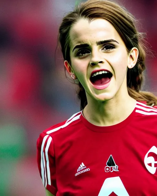 Image similar to a portrait of emma watson as a lokomotiv football player, hyper realistic