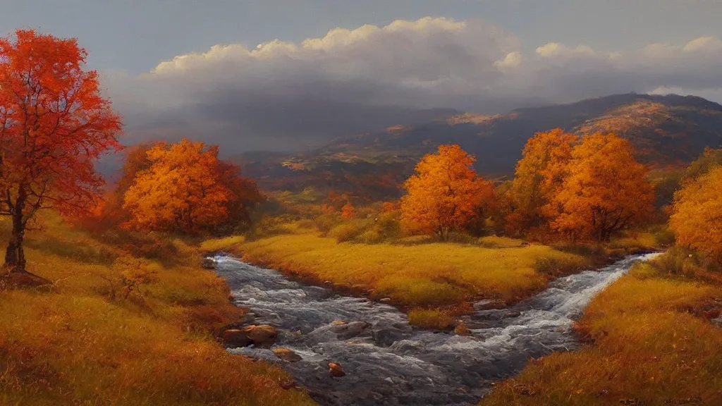 Prompt: A beautiful oil painting of hill with a single tree, the tree is in the rule of thirds, the fall has arrived and the leafs started to become golden and red, the river is zigzagging and flowing its way, the river has lots of dark grey rocks, by Greg Rutkowski