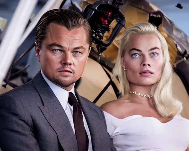 Image similar to leonardo dicaprio as the wolf of wall street next to margot robbie as naomi from the wolf of wall street in a helicopter, hyper realistic faces, beautiful eyes, cinematic, long shot, hyper detailed, 8 5 mm photograph, 8 k resolution, film still, sharp lens, wide lens