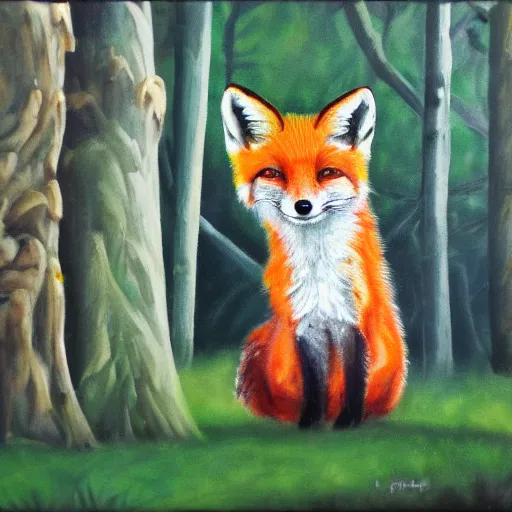 Prompt: cute small red fox in the middle of a white magnolia forest, wide shot, fantasy, oil on canvas