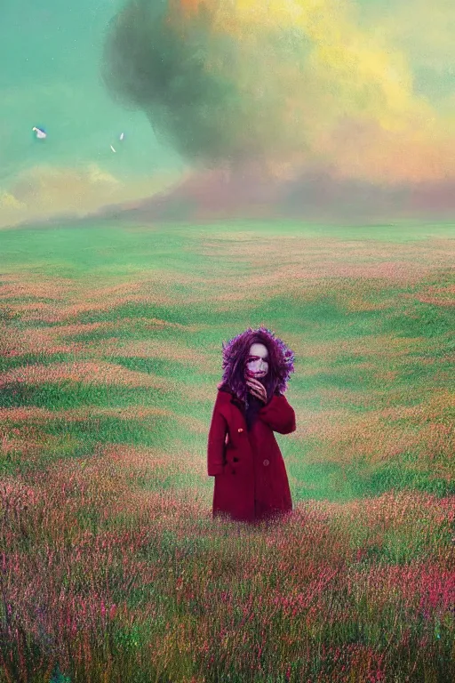 Prompt: portrait, huge flower head, a girl wearing a coat in heather field, surreal photography, wind and cold, dramatic sky, impressionist painting, digital painting, artstation, simon stalenhag