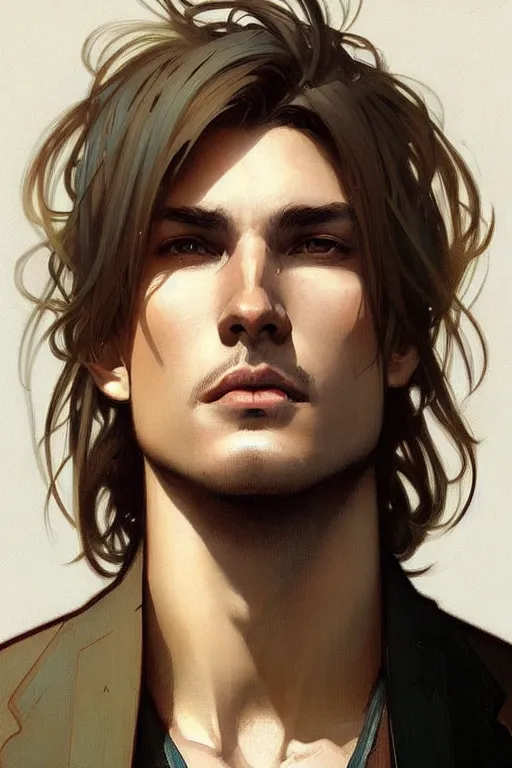 Image similar to portrait of the most beautiful young male ever, modern style, by greg rutkowski and alphonse mucha, d & d character, gradient white to gold, highly detailed portrait, in front of an urban background, digital painting, artstation, concept art, smooth, sharp focus ilustration, artstation hq