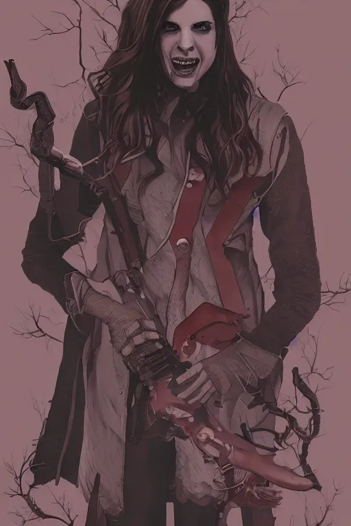 Image similar to anna kendrick in sleepy hollow, full body, big two toned eyes, teeth gritted, horror, intricate details, cinematic, epic, realistic, anatomy, tomer hanuka, uplight, artstation, photorealistic, scary