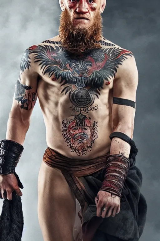 Image similar to connor mcgregor as kratos, 8 k, hdr, great light, gustave courbet, annie leibowitz