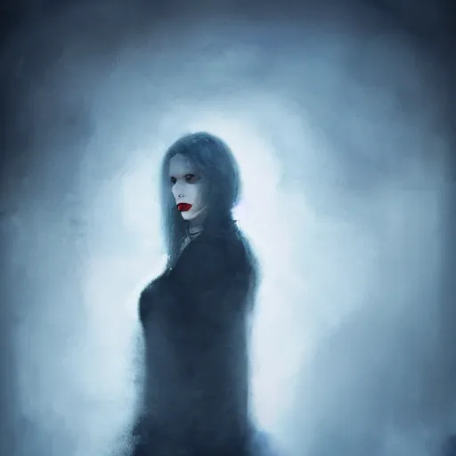 Image similar to riveting charismatic brunnette female vampire, portrait, atmospheric lighting, painted, intricate, highgate cemetery, fog, cold, volumetric lighting, beautiful, blue moon light, sharp focus, deep colours, ultra detailed, by leesha hannigan, ross tran, thierry doizon, kai carpenter, ignacio fernandez rios