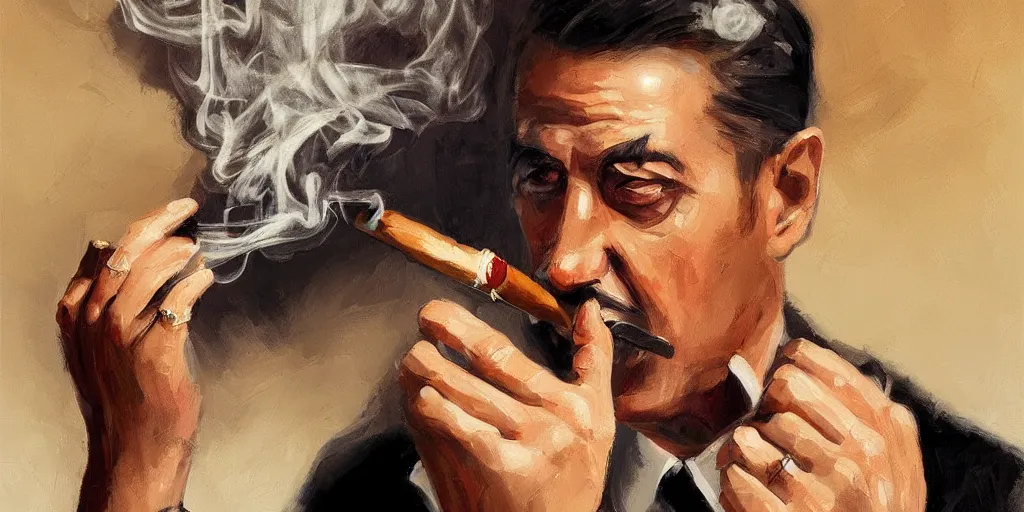 Image similar to abstract oil matte portrait painting, mafia boss smoking a cigar at his 5 0 s new york office desk, wonderful masterpiece highly detailed, beautiful cinematic light deep focus, elegant, digital painting, smooth, sharp focus, golden ratio, dramatic illumination, ultra realistic, 8 k, art by jimmy law