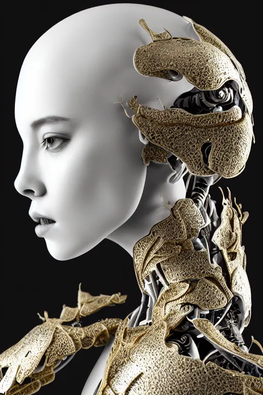 Image similar to monochrome close - up profile face, black background, beautiful young porcelain bio - mechanical vegetal - dragon - cyborg - female, white metallic armour, silver gold details, magnolia leaves and stems, roots, mandelbot fractal, 1 5 0 mm, beautiful natural soft rim light, elegant, hyper real, ultra detailed, octane render, 1 6 k