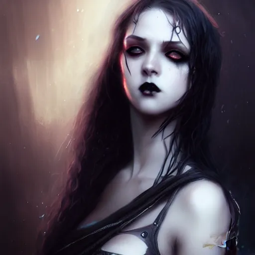 Prompt: goth teen, character portrait, sharp, digital matte painting, art by luis royo, greg rutkowski, wlop, dramatic lighting, trending on artstation