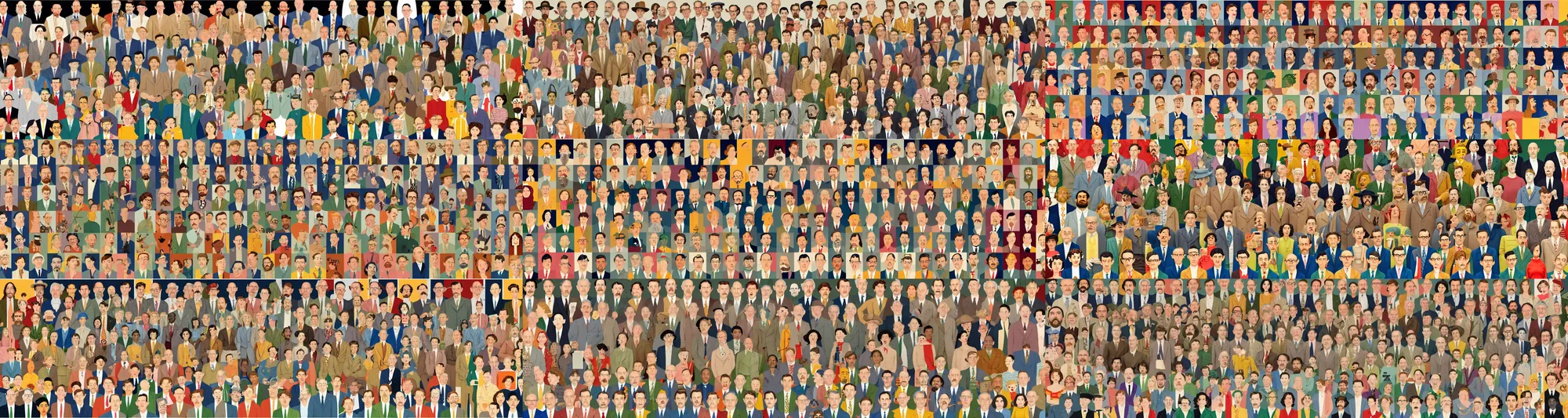 Prompt: a zoomed - in group photo of characters with exaggerated faces, in the style of a highly detailed mural by wes anderson and norman rockwell