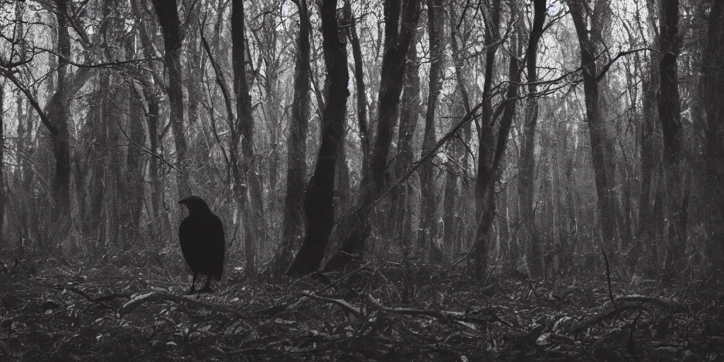 Image similar to mixture between an crow and!!!! human, photograph captured in a dark forest