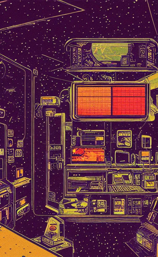 Prompt: spaceship in a gas station in space, sharp focus, satoshi kon, sci - fi, print, risograph, cinematic, game art