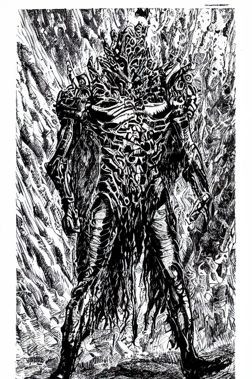 Prompt: the guyver as a d & d monster, pen - and - ink illustration, etching, by russ nicholson, david a trampier, larry elmore, 1 9 8 1, hq scan, intricate details, high contrast