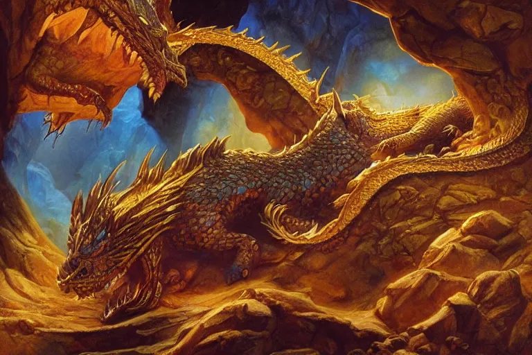 Prompt: dragon sleeping on gold and gems in a big cavern, by Justin Gerard, masterpiece, stunning