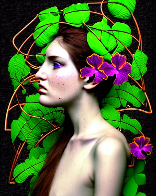 Prompt: beautiful young female cyborg with profile face got an orgasm, analog, big leaves foliage and stems, morning glory flowers, hibiscus flowers, boho floral vines, neon lights, hexagonal mesh fine wire, sinuous fine roots, alexander mcqueen, art nouveau fashion, steampunk, mandelbrot fractal, realistic photography, grainy image