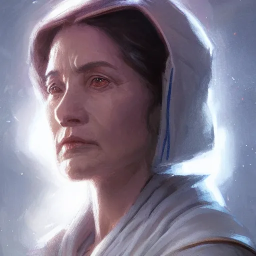 Image similar to portrait of a jedi master woman by greg rutkowski, french features, smirk, jedi robes, star wars expanded universe, she is about 6 0 years old, wearing jedi robes, highly detailed portrait, digital painting, artstation, concept art, smooth, sharp foccus ilustration, artstation hq