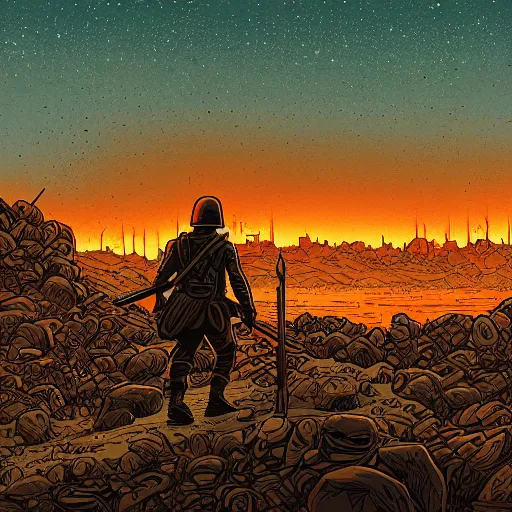 Image similar to a lone soldier walks along a line in a ruined city by dan mumford