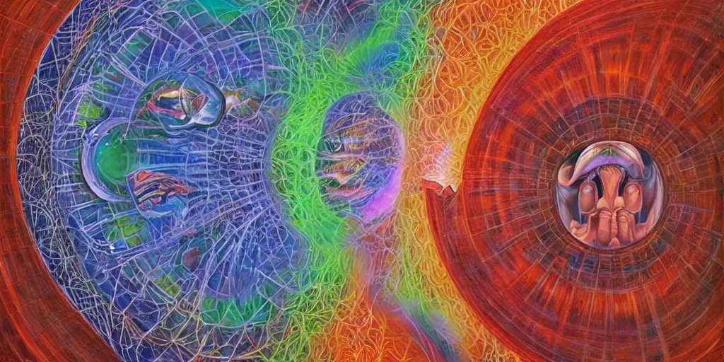 Prompt: could there be a realization of such magnitude that it quite literally blows one's mind?, center shock depicts such a moment of post - contemplative epiphany, volumetric lighting and shadows, concept art, biomechanical, realistic oil painting by alex grey