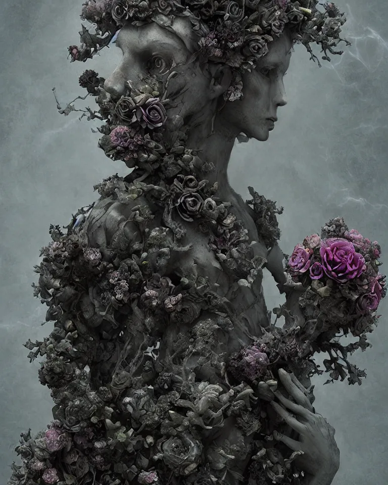 Image similar to portrait of a gothic cemetery statue made of mist and flowers, cosmic horror, mutating into mist, cinematic lightning, Andrew Ferez, Charlie Bowater, Marco Mazzoni, Seb McKinnon, Ryohei Hase, Alberto Seveso, Kim Keever, trending on cgsociety, featured on zbrush central, new sculpture, mystical