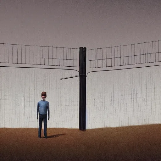 Image similar to a matte painting of a man standing in front of a wire fence by emiliano ponzi, james gilleard