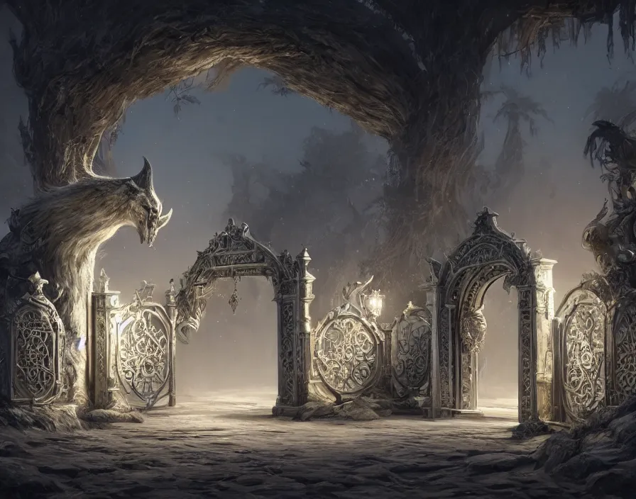 Prompt: a very detailed concept art of intricate and well designed white magical gates to the land of animal spirits, dynamic lighting, trending on artstation, path traced, highly detailed, high quality, digital art, 4 k, hyper realistic, octane render, sharp focus