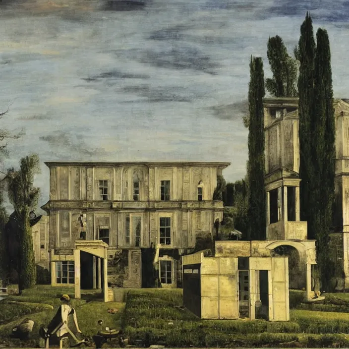 Prompt: a building in a landscape, by paul delvaux