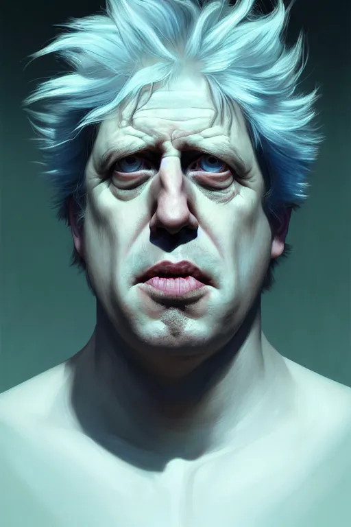 Image similar to Boris Johnson as Rick Sanchez, realistic portrait, symmetrical, highly detailed, digital painting, artstation, concept art, smooth, sharp focus, illustration, cinematic lighting, art by artgerm and greg rutkowski and alphonse mucha