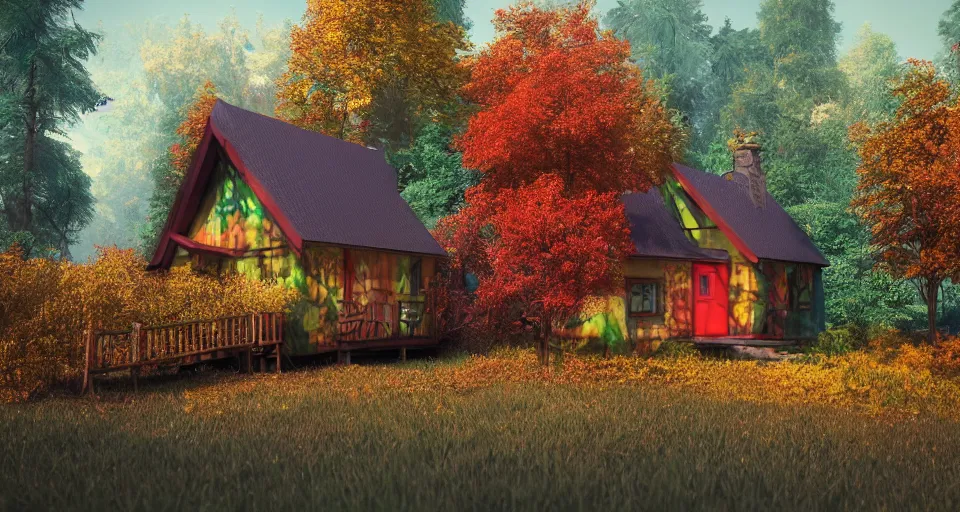 Image similar to colorful cottage in the middle of the woods, windy autumn day, peaceful environment, adventurous architecture, wooden fence, 3d render, unreal engine, trending on artstation, cgnation, by senior 3D artist