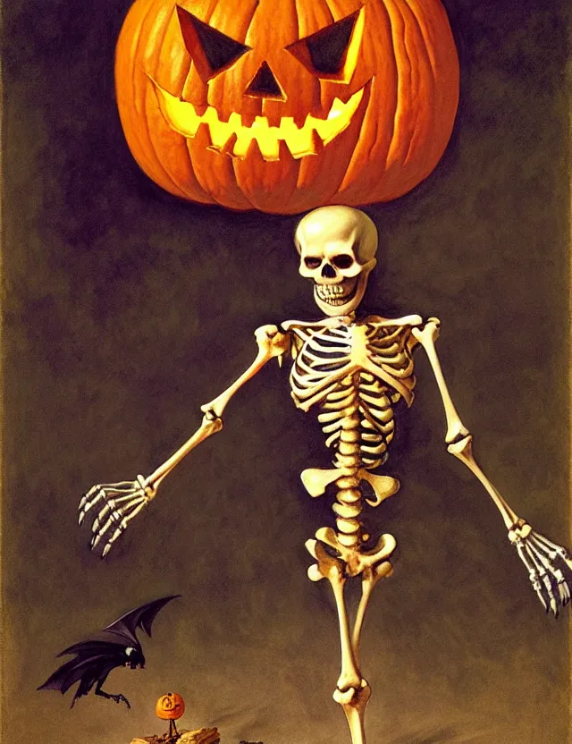 Prompt: a skeleton, holding a jack - o - lantern, as a matte oil painting and d & d character art, by gustave caillebotte, standing, fullbody, flying bats, loose pages, concept art, award - winning, extremely detailed, sharp focus