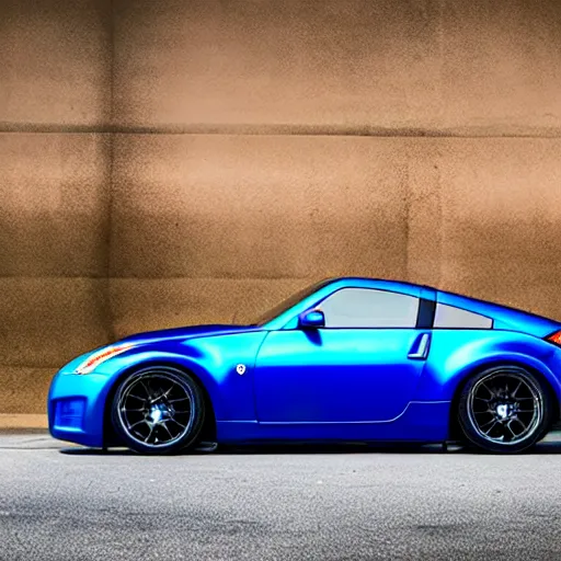 Image similar to a nissan 3 5 0 z with glowing blue wheels, professional photography, wide - angle