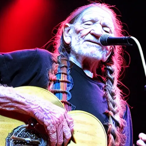 Image similar to willie nelson on stage, guitar. god rays through fog.