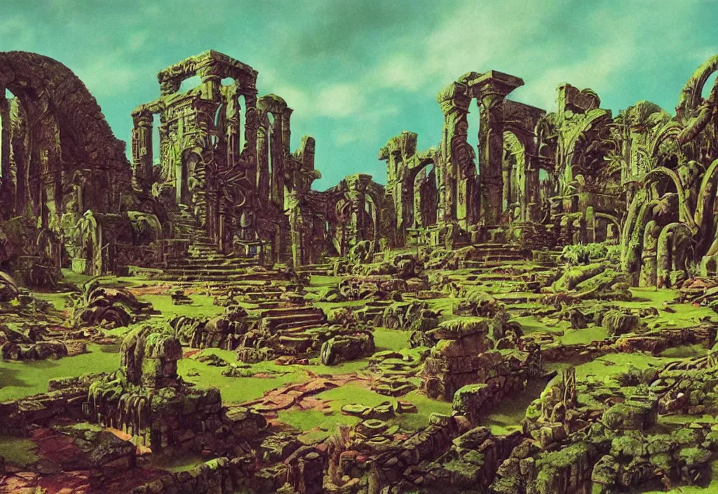 Image similar to a tropical alien world, ancient ruins, by roger dean, david a. hardy, syd dutton