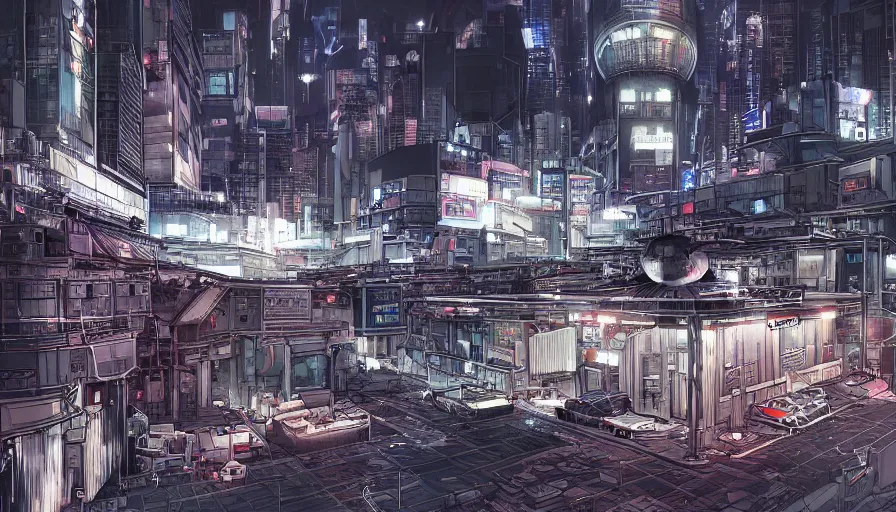 Prompt: Concept Art Illustration of neo-Tokyo Maximum Security Bank, in the Style of Akira, Syndicate Corporation, Anime, Dystopian, Highly Detailed, Helipad, Special Forces Security, Blockchain Vault, Searchlights, Shipping Docks, Inspired by MGS2 + Ghost in the shell SAC + Cowboy Bebop :2 by Katsuhiro Otomo : 8